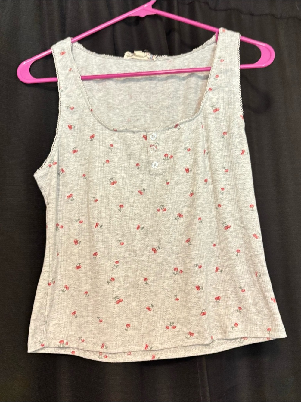 Pink Republic Gray Ribbed Tank with Pink Cherry Motif